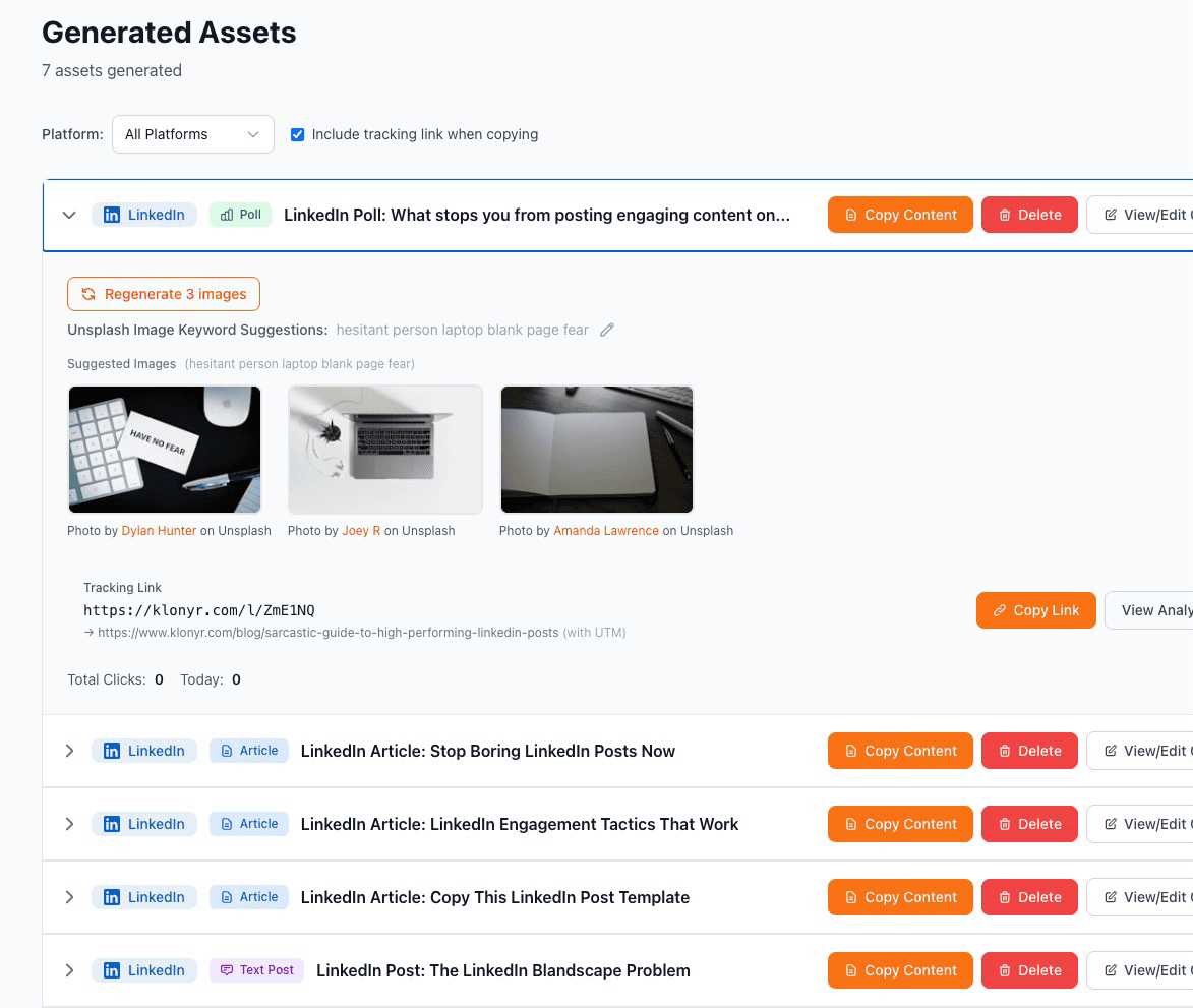 Klonyr content management dashboard