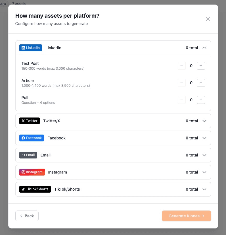 Klonyr content generation interface